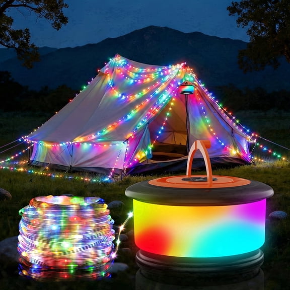 TOHETO 3-in-1 Camping String Lights, with 19 Modes (Music Sync & RGB), Retractable 32.8ft 2200mAh Rechargeable IPX4 Waterproof Outdoor Lantern, Hanging Light for Tent, Yard, Hiking, Party