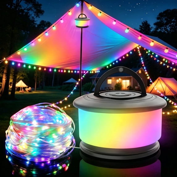 KOBAIBAN 3-in-1 Camping Lights, 32.8FT Rechargeable Camping String Lights with 19 Lighting Modes, IPX4 Waterproof LED Tent Lights for Camping Yard Patio, Black