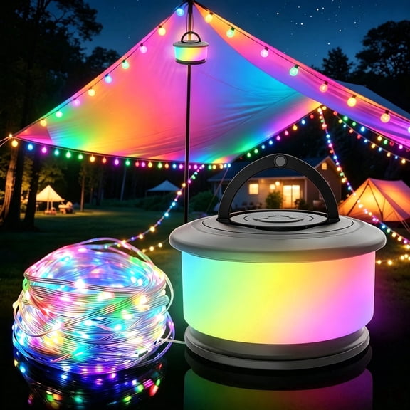 KOBAIBAN 3-in-1 Camping Lights, 32.8FT Rechargeable Camping String Lights with 19 Lighting Modes, IPX4 Waterproof LED Tent Lights for Camping Yard Patio, Black