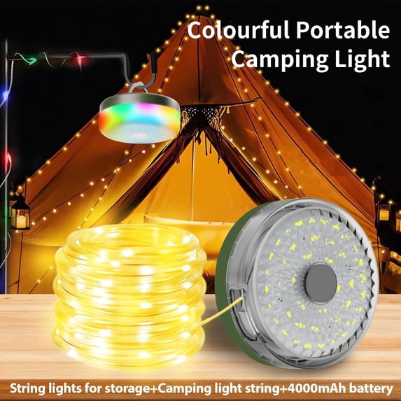 TOHETO 4-in-1 Camping String Light, 32.8FT IP44 Waterproof Camping Lights with 13 Lighting Modes, 4000mAH Rechargeable Outdoor String Lights for Camping Essentials Camping Gear, Black