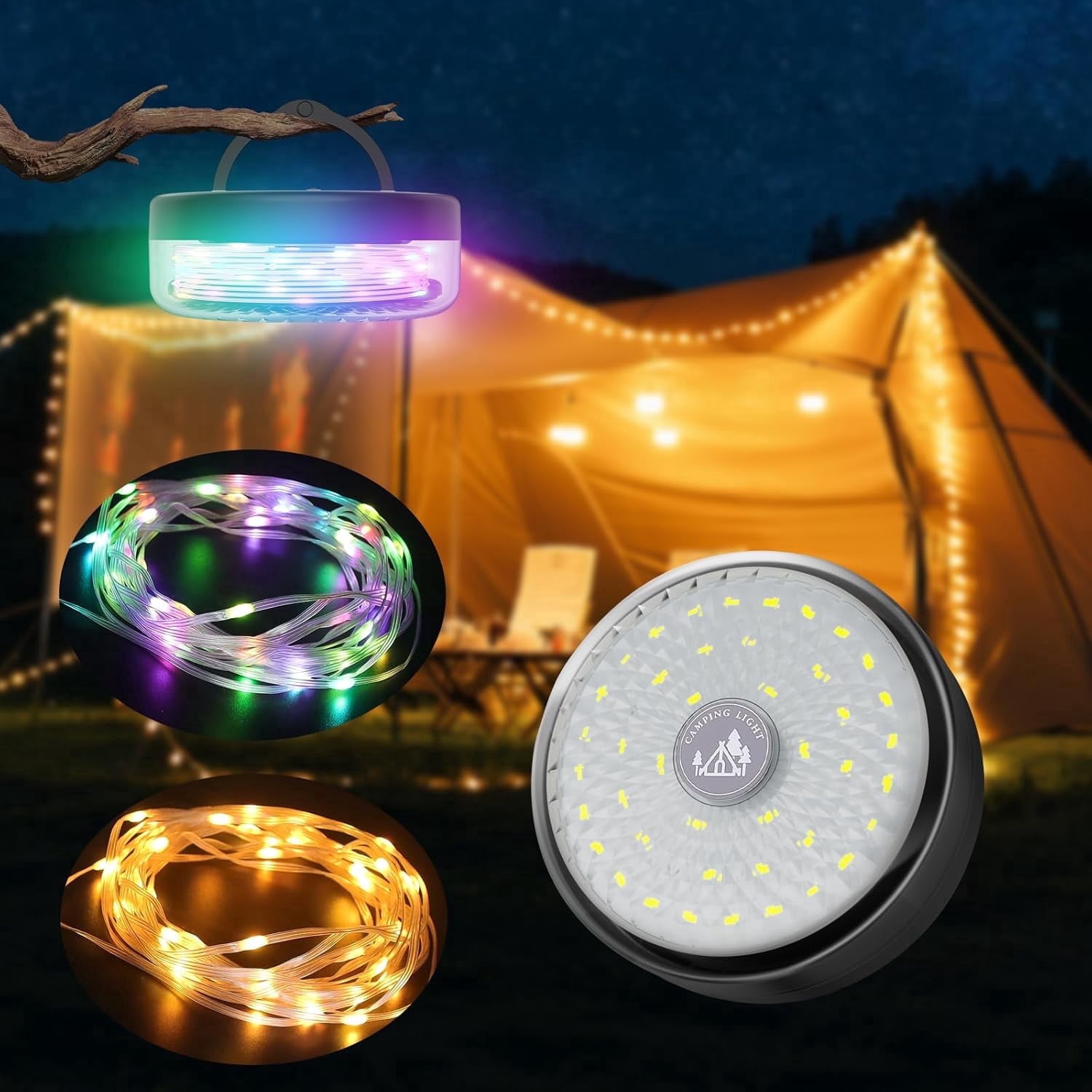 TOHETO 4-in-1 Camping String Light, 32.8FT IP44 Waterproof Camping Lights with 13 Lighting Modes, 4000mAH Rechargeable Outdoor String Lights for Camping Essentials Camping Gear, Black