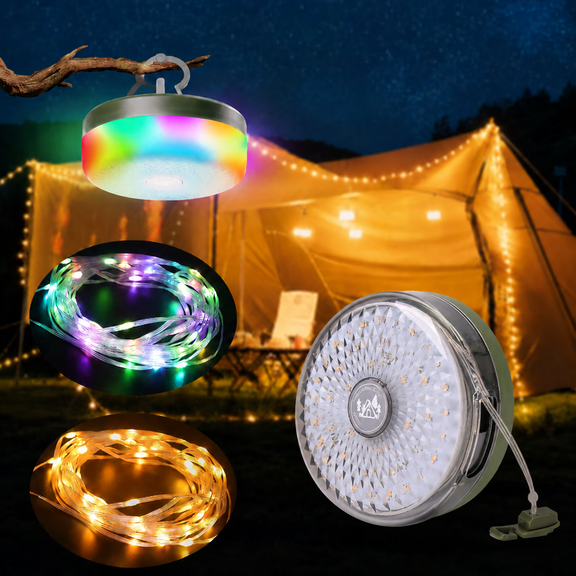 TOHETO 4-in-1 Camping String Light, 32.8FT IP44 Waterproof Camping Lights with 13 Lighting Modes, 4000mAH Rechargeable Outdoor String Lights for Camping Essentials Camping Gear, Black