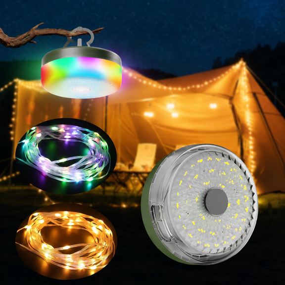 TOHETO 4-in-1 Camping String Light, 32.8FT IP44 Waterproof Camping Lights with 13 Lighting Modes, 4000mAH Rechargeable Outdoor String Lights for Camping Essentials Camping Gear, Black