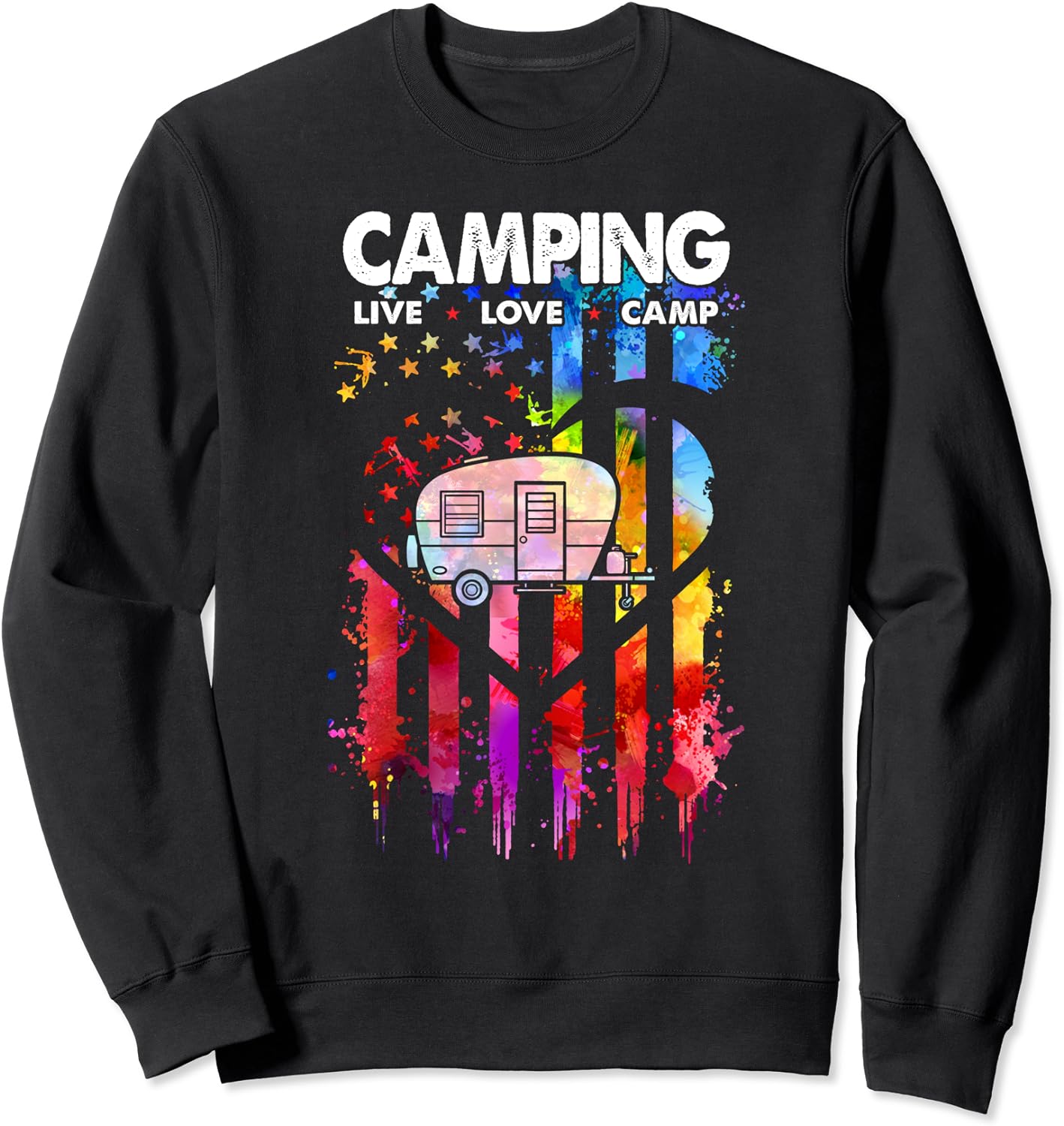 Camping Live Love Camp Tie Dye American Flag Heart Camper RV Sweatshirt