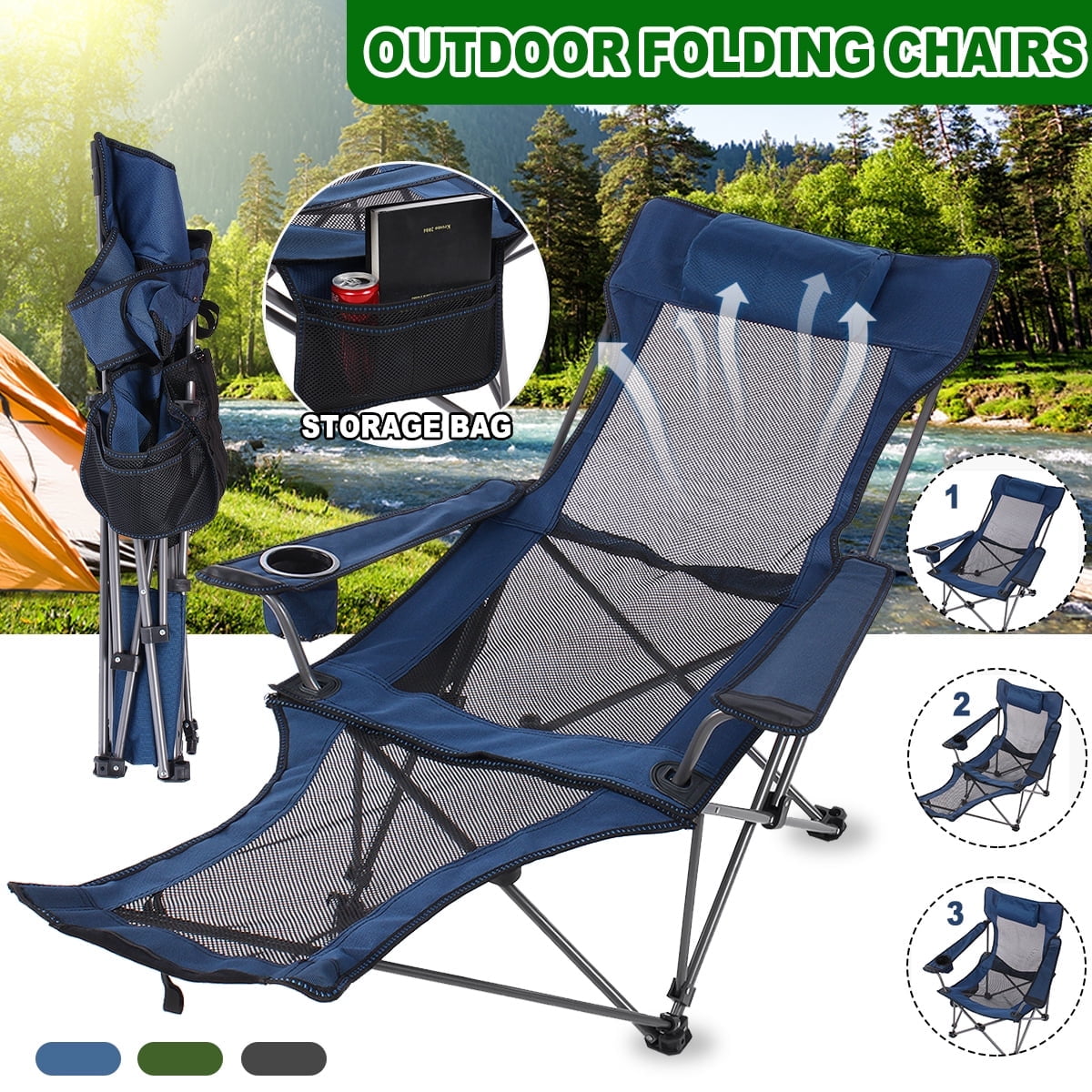Camping Lounge Chair Portable Reclining Camping Chair Folding Camping Chair  with Footrest,Headrest & Storage Bag,Mesh Recliner with Backpack, 300lbs