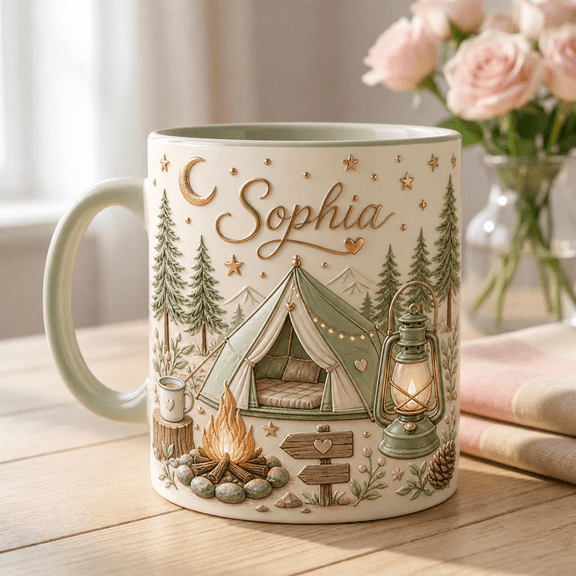 Camping Lover Mug with 3D Effect, Personalized Name Tent Campfire Coffee Cup Gift
