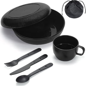 Camping Mess Kit with Bowl, Plate, Cup, Spoon, Fork, and Carry Bag, Plastic Camping Accessories Essentials Gear for Travel, Camping, Picnic, Outdoor, Easy to Carry & Store