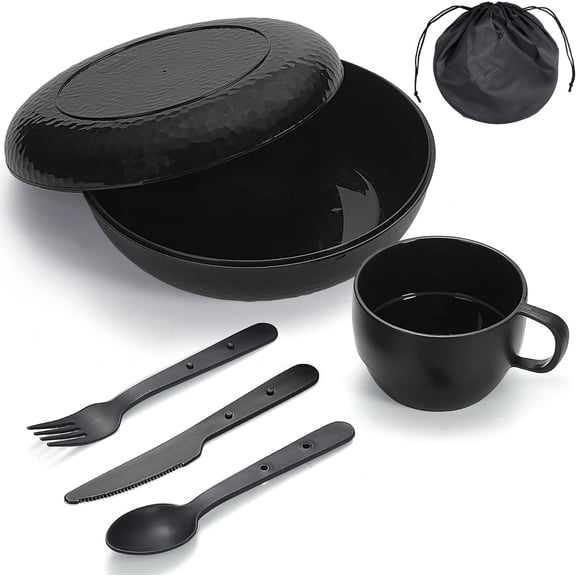 Camping Mess Kit with Bowl, Plate, Cup, Spoon, Fork, and Carry Bag, Plastic Camping Accessories Essentials Gear for Travel, Camping, Picnic, Outdoor, Easy to Carry & Store