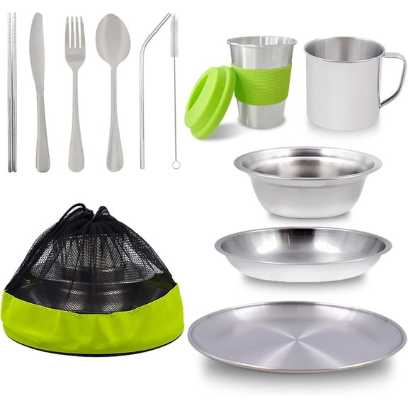 Camping Mess Kit Plates Dishes Stainless Steel Utensils Set Tableware Dinnerware with Bowls Cups Cutlery for Backpacking, Hiking, Picnic, BBQ, RV Travel