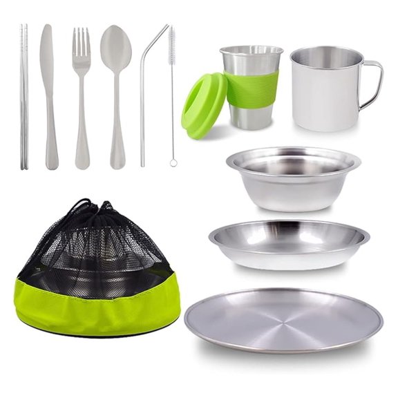 Camping Mess Kit Stainless Steel - 1-2 Person Dinnerware Set for Backpacking, Hiking, Picnic - Includes Plates, Bowls, Cups, Utensils & Carry Bag