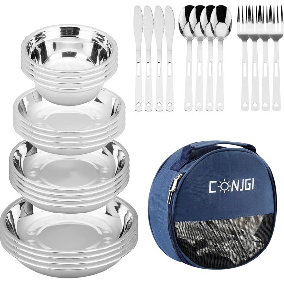Camping Mess Kits - 28pcs Dinnerware Set Gifts cookware Sets Accessories Cooking Utensils Bowls, Plates, Knives, Forks, Spoons