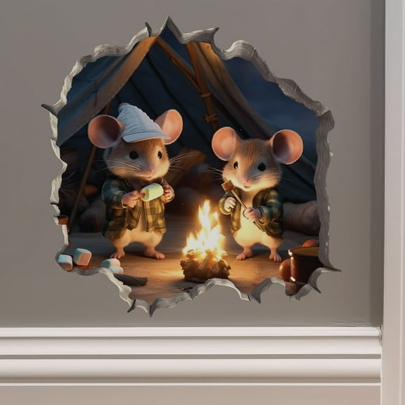 Camping Mice in Mouse Hole Decal - Mouse Hole 3D Wall Sticker