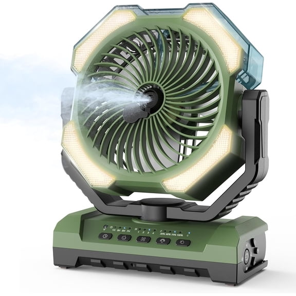 Camping Misting Fan - Portable Rechargeable Fan with 9oz , Light, Hook - Power 120H MAX Working, Cooling, 4 Speed, Timer, Sleep Mode, for Outdoor, Travel, Patios, Beach