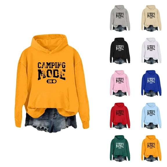 Camping Mode On Hoodies for Women Casual Graphic Hooded Sweatshirt with Pockets for Camping Enthusiasts Pullover Tops