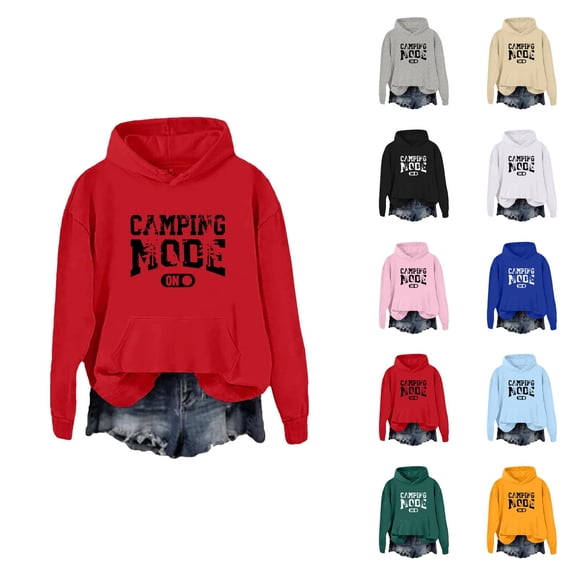 Camping Mode On Hoodies for Women Casual Graphic Hooded Sweatshirt with Pockets for Camping Enthusiasts Pullover Tops