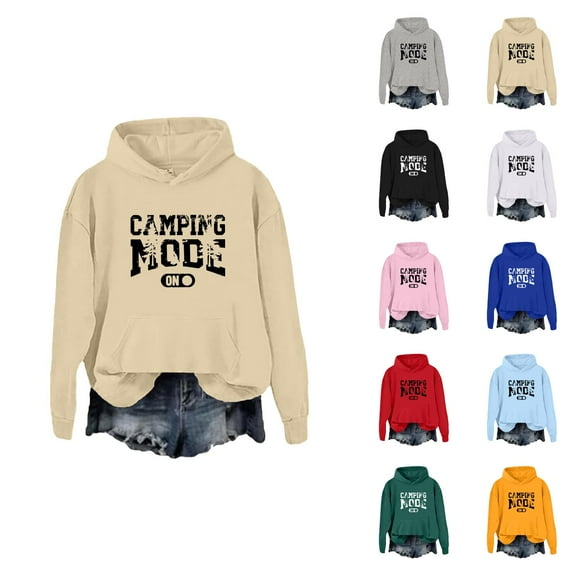 Camping Mode On Hoodies for Women Casual Graphic Hooded Sweatshirt with Pockets for Camping Enthusiasts Pullover Tops