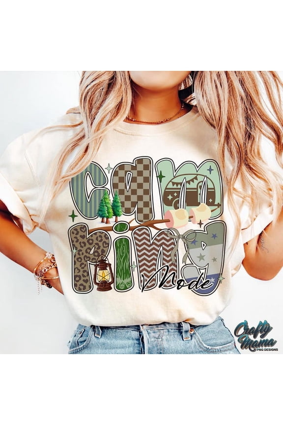 Camping Mode T-Shirt, Coquette Camping Shirt for Women, Preppy Summer Camper Tee, Cute Camping Quote Shirt, Outdoor Adventure Graphic Tee