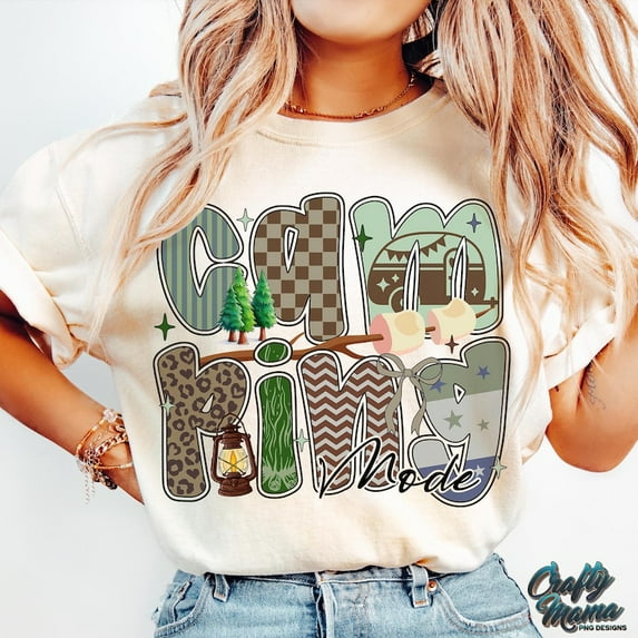 Camping Mode T-Shirt, Coquette Camping Shirt for Women, Preppy Summer Camper Tee, Cute Camping Quote Shirt, Outdoor Adventure Graphic Tee