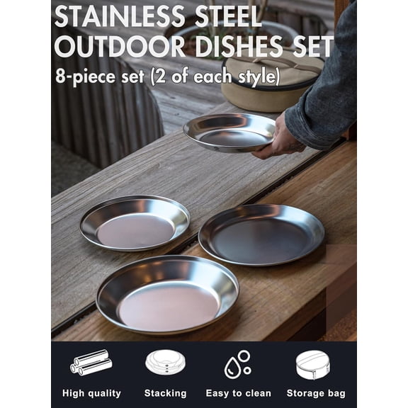 Camping Moon Outdoor Camping Plates Set - 8pcs Stainless Steel Plates with Canvas Case for Camping, Picnics, and Travel