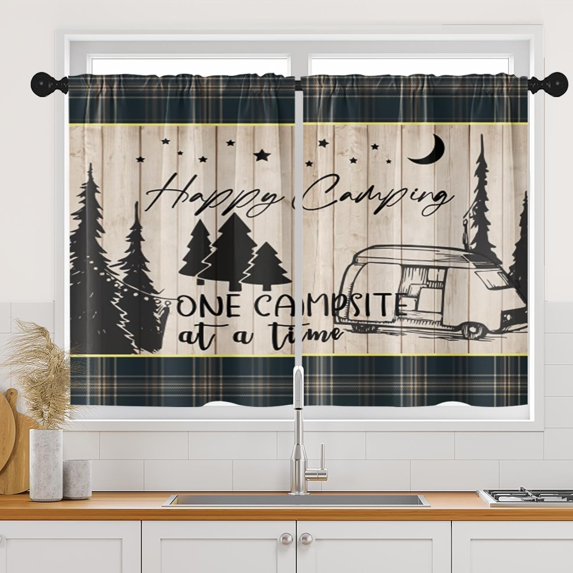 Camping Motivational Plaid Kitchen Curtains, Brown Herringbone Autumn Short Window Curtains Set of 2, Window Treatment Tier Curtains for Kitchen Over Sink Dining Room Decor (26x36 Inch)