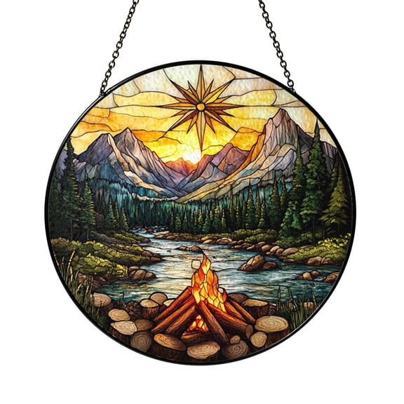 Camping Mountain Scene Glass Suncatcher Window Decor, Stained Glass Style Hanging Art
