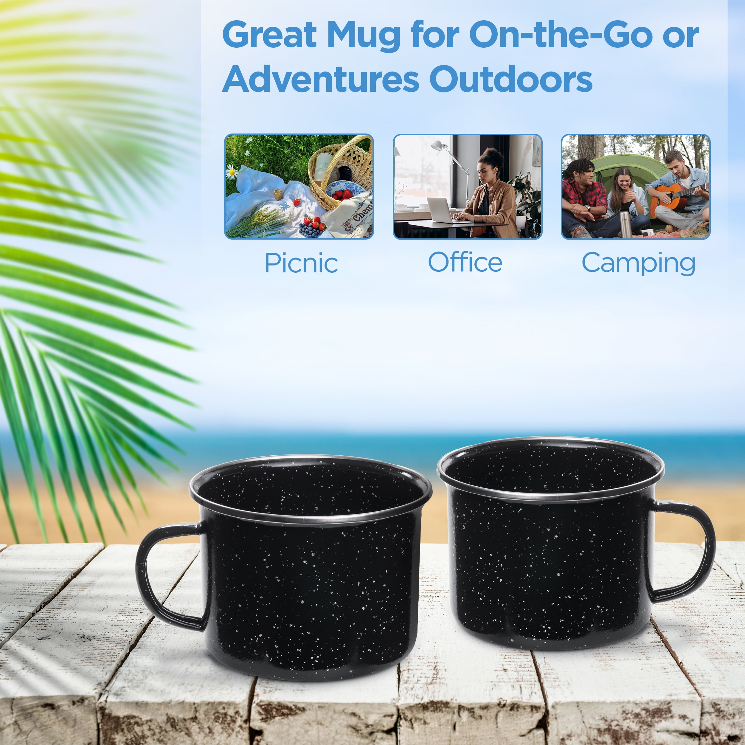 Camping Mug 16 Oz Enamel Black- Set of Two - Drinking Cups Mugs