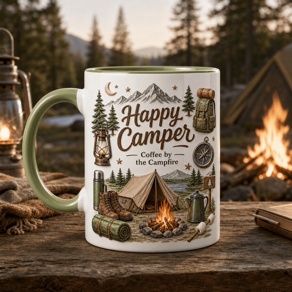 Happy Camper Ceramic Coffee Mug Camping Campfire Gift 11oz 15oz