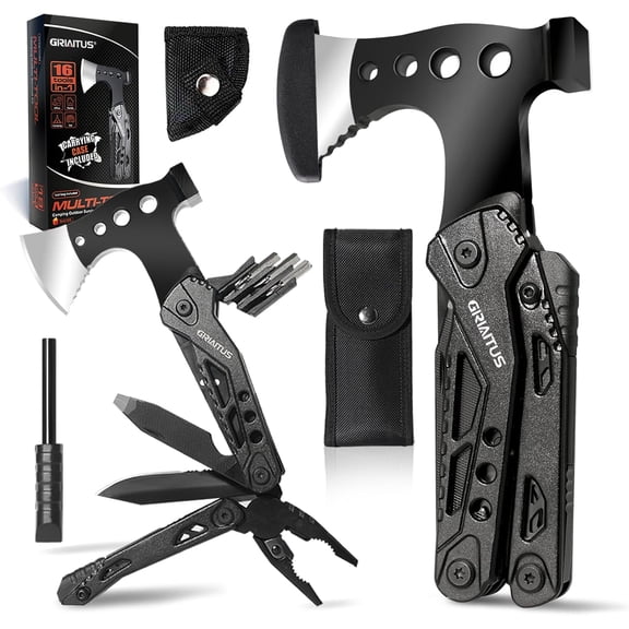 Camping Multitool Accessories Stocking Stuffers for Men 16 in 1 Multi Tool Survival Gear with Axe Hammer Pliers Saw Screwdrivers Bottle Opener Whistle with Sheath for Hiking, Gifts for Men Dad Him