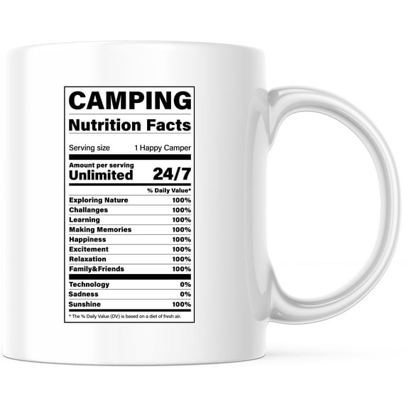 Camping Nutrition Facts Mug - Funny Happy Camper Gift | Outdoor Adventure Lover Mug | Camper Van Camp Mug - 11 Ounce Novelty Coffee Cup - WMUG0344