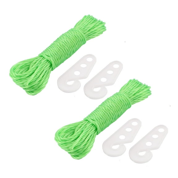 Camping Outdoor Laundry Nylon Clothesline Clothes Towels Hanging Line Rope String w Hooks 33Ft Green 2pcs