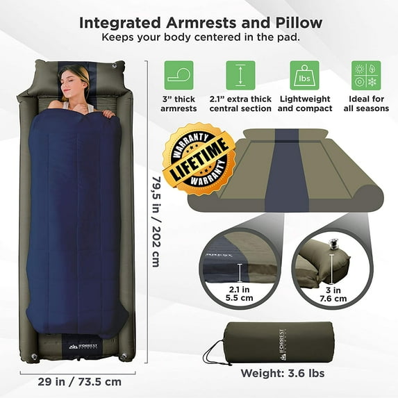 Camping Pad with Armrest & Pillow - Self-Inflating Air Mattress, Rollover Protection, Ultra-Comfortable Mat, Lightweight for Tent, Cot, Backpacking (L/)