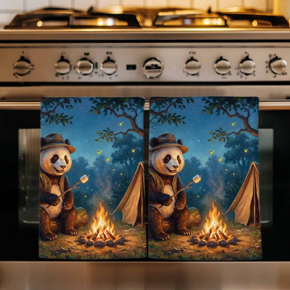 Camping Panda Kitchen Towels Set of 1, Abstract Cute Animal Tent Owl Night Absorbent Dish Towels for Kitchen, Microfiber Hand Towel, Quick Drying Tea Towel for Cleaning Decorative Dishcloths