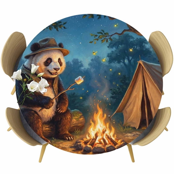 Camping Panda Round Tablecloth 36-44 Inch Round Fitted Table Cloth with Elastic Edge, Abstract Cute Animal Tent Owl Night Waterproof Table Cover Protector for Outdoor Picnic Party Dining