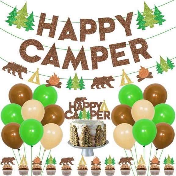 Camping Party Decorations Happy Camper Birthday Decorations Boys, Happy Camper Banner Cake Topper, Green Brown Apricot Balloons Campfire Forest Adventure Camping Theme Birthday Party Supplies