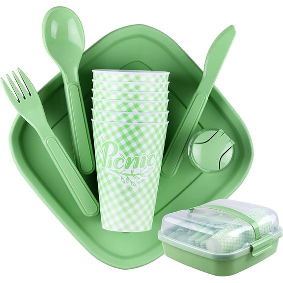Camping Picnic Dishes Set with Case, 32 Plastic Reusable Cutlery - BPA Free, Microwave / Dishwasher Safe