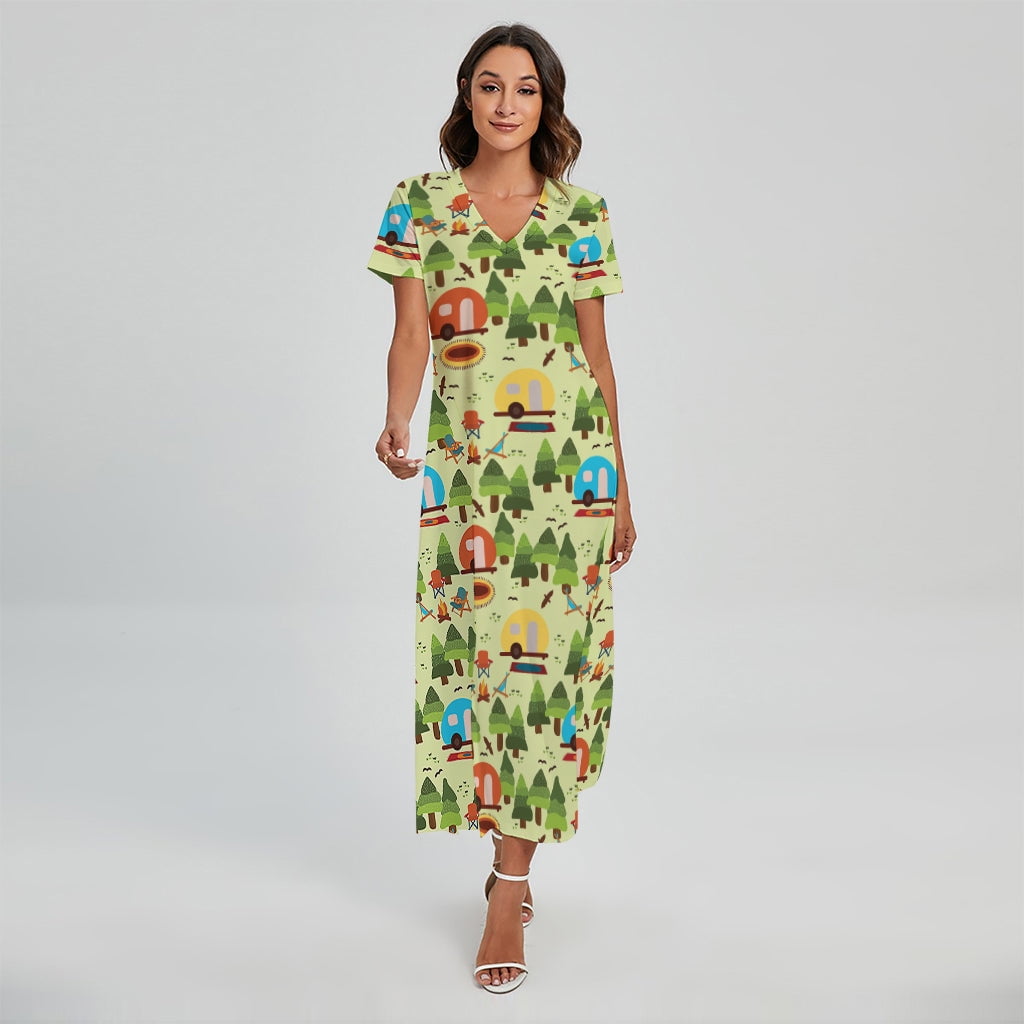 Camping Picnic Pattern Printed Short Sleeve Maxi Dress, Camper