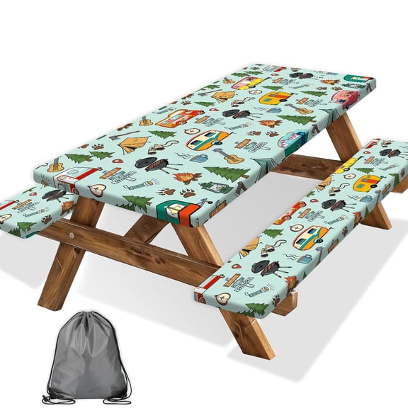 Camping Picnic Table Cover with Bench Covers and Bag, Camping Essentials, Windproof Fabric, Fitted Tablecloth Cover with Elastic Edge, for Indoor & Outdoor, Garden, 3 PCS, 30x72 Inch