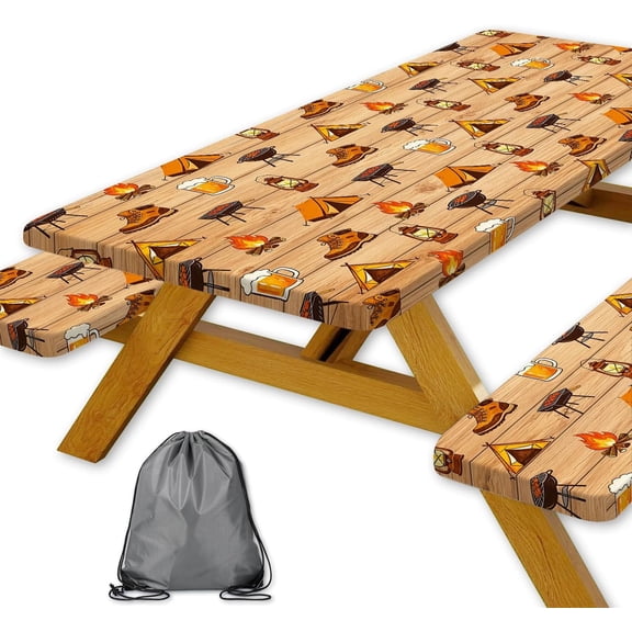 Camping Picnic Table Cover with Bench Covers & Storage Bag, Waterproof Windproof Elastic Fitted Tablecloth for 30x72 Inch Rectangle Tables, Washable BBQ & Campground Outdoor Essentials