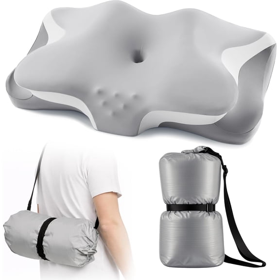 Camping Pillow with Vacuum Bag, Cooling Neck Pillow for Sleeping, Ergonomic Memory Foam Travel Pillow for Side Back Stomach Sleepers