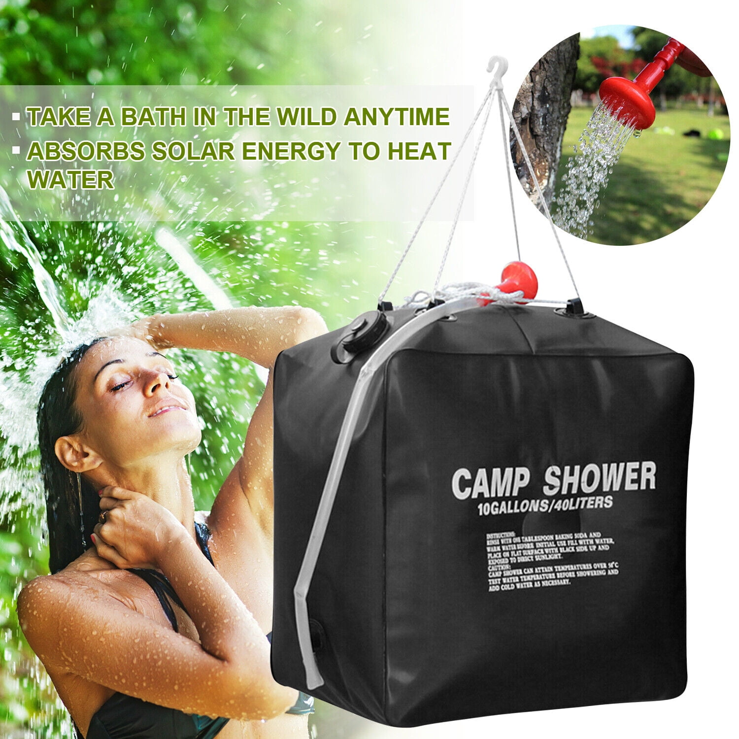 Camping Portable Solar Shower Bag, 10 Gallons/40L, with On/Off Shower Head, for Camping, Beach Swimming, Outdoor Traveling, Men's, Black