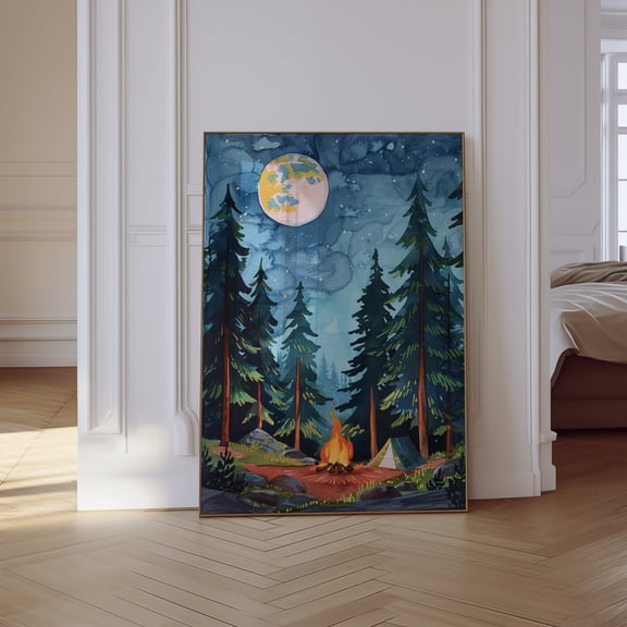 Camping Print, Camping Wall Art, Gouache Print, Campfire Painting, Forest Print, Adventure Print, Camping Tent Art, Camping Gifts For Her Poster Unframed