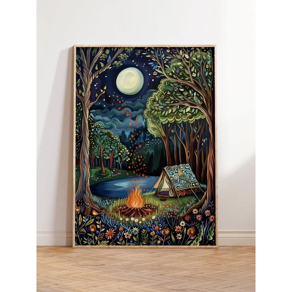 Camping Print, Camping Wall Art, William Morris, Campfire Painting, Forest Print, Adventure Print, Camping Tent Art Camping Gifts For Her