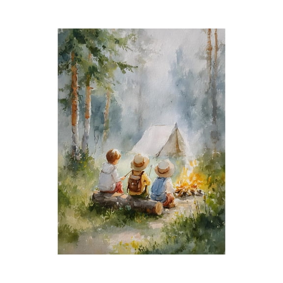 Camping Print, Children Campfire Marshmallow Art, Unframed Paper Poster 24x36in