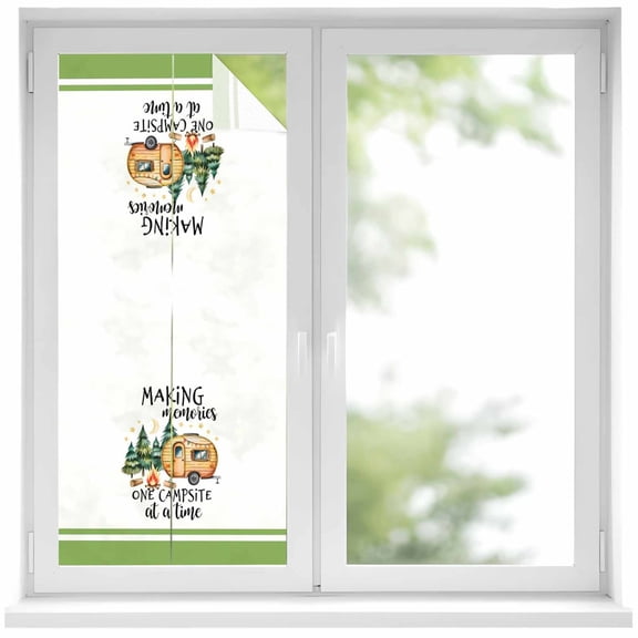 Camping Privacy Window Film, Decorative Frosted Glass Window Film, Fall Summer Nature Forest Car Tree Moon Reusable Peel and Stick Static Cling for Home Bathroom Office Glass Door 17.7"x39.3"