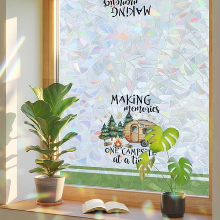 Camping Privacy Window Film, Decorative Stained Glass Window Film, Fall Summer Nature Forest Car Tree Moon Resuable Rainbow Static Cling for Home Bathroom Living Room Glass Door 29.5"x78.7"