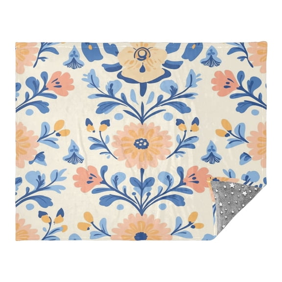 Camping Quilt Ultralight 70*55in Flannel Fabric Ultra-soft, Warm and Lightweight Camping Blanket Packable Fluorescent Blanket Minimalist Holiday Gifts Orange Floral Blue Leaves