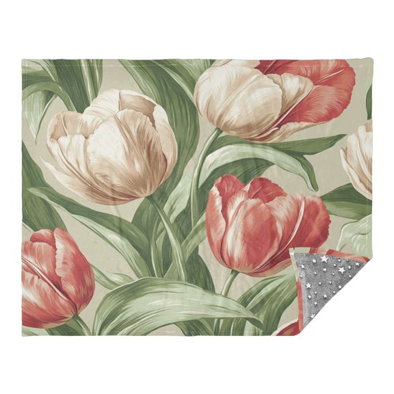 Camping Quilt Ultralight 70*55in Flannel Fabric Ultra-soft, Warm and Lightweight Camping Blanket Packable Fluorescent Blanket Minimalist Holiday Gifts Red White Tulips