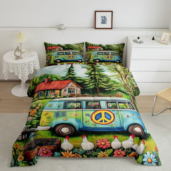 Camping RV Comforter Set Queen Size,Peace Sign Bus Bedding Set 3Pcs,Rustic Farmhouse Quilt Set Teens Woman Men Room Decor,Watercolor Flower Hen Pattern Duvet Insert,2 Pillowcases