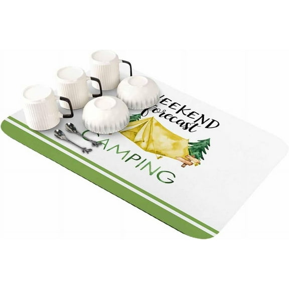 Camping RV Dish Drying Mat for Kitchen Counter, Super Absorbent Quick Dry Coffee Bar Mat Pad Thin Diatomaceous Sink Mat Non Slip Dish Drainer Mat 16''''x18'''' Watercolor Green Tree