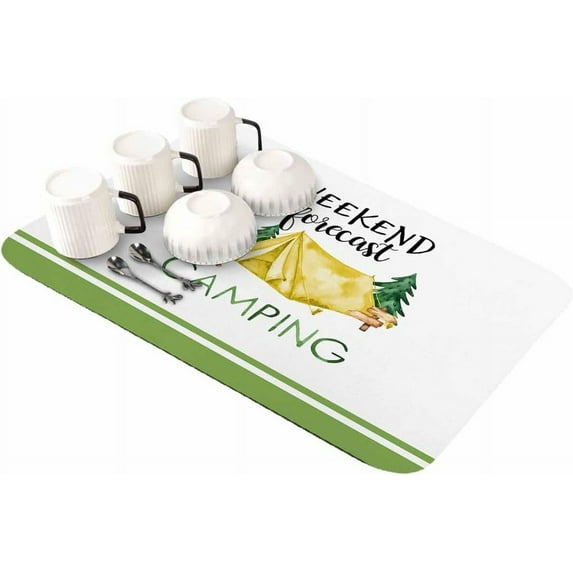 Camping RV Dish Drying Mat for Kitchen Counter, Super Absorbent Quick Dry Coffee Bar Mat Pad Thin Diatomaceous Sink Mat Non Slip Dish Drainer Mat 16''''x18'''' Watercolor Green Tree